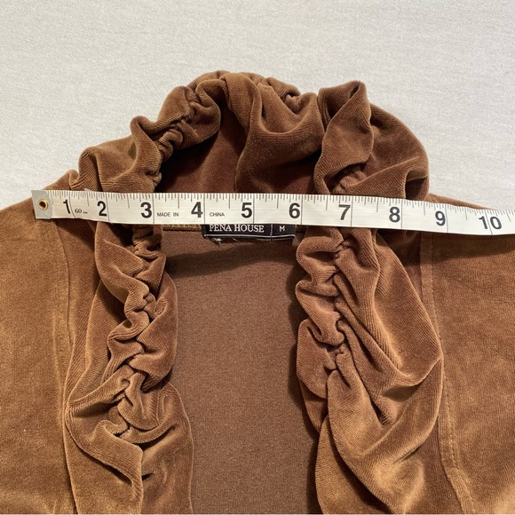 Pena House Long Sleeve Brown Velvet Ruffled Shrug Cropped Open Cardigan, Size M - Picture 3 of 8